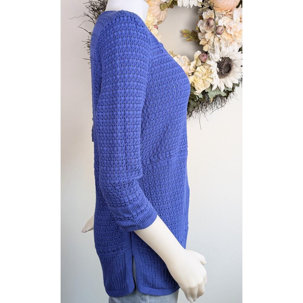Talbots Tunic Sweater Large Blue Open Weave 3/4 Sleeve Split V-Neck Relaxed - Picture 4 of 9